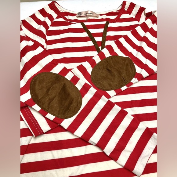 EZ Clothing Red White Striped Top Elbow Patches Size L Long Sleeve Tunic - Picture 4 of 8